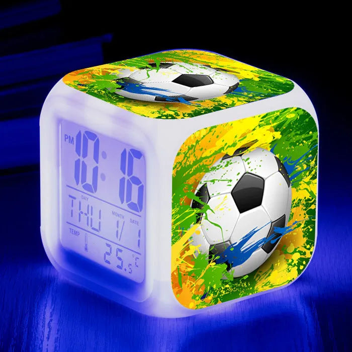 Football pattern mute alarm clock with cartoon design in square plastic case