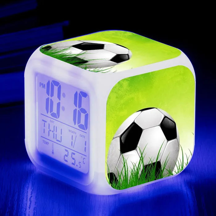 Football pattern mute alarm clock with cartoon design in square plastic case