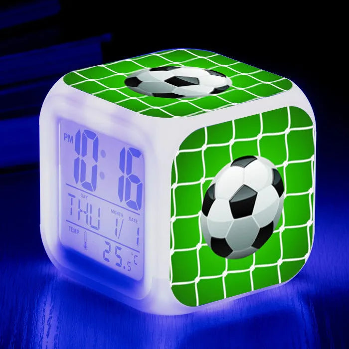 Football pattern mute alarm clock with cartoon design in square plastic case