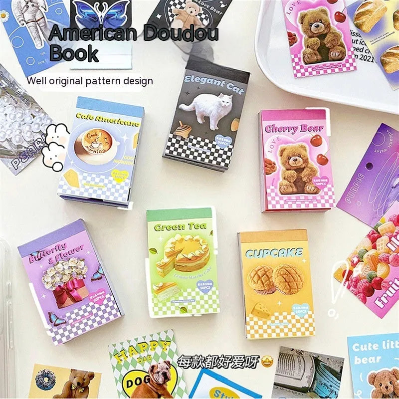 American retro cartoon sticker book showing six colour themes with 4x6cm copper board paper adhesive sheets
