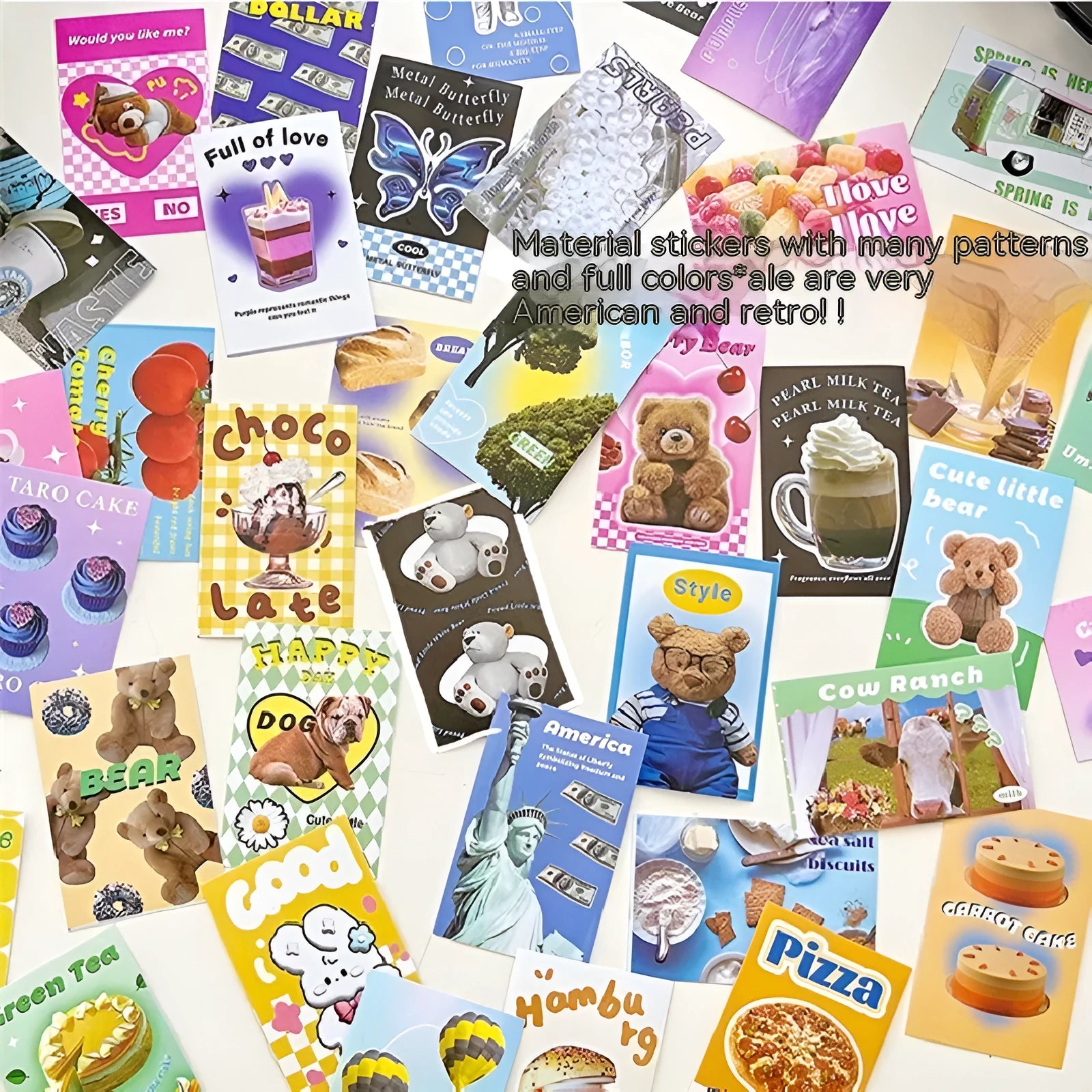 American retro cartoon sticker book showing six colour themes with 4x6cm copper board paper adhesive sheets