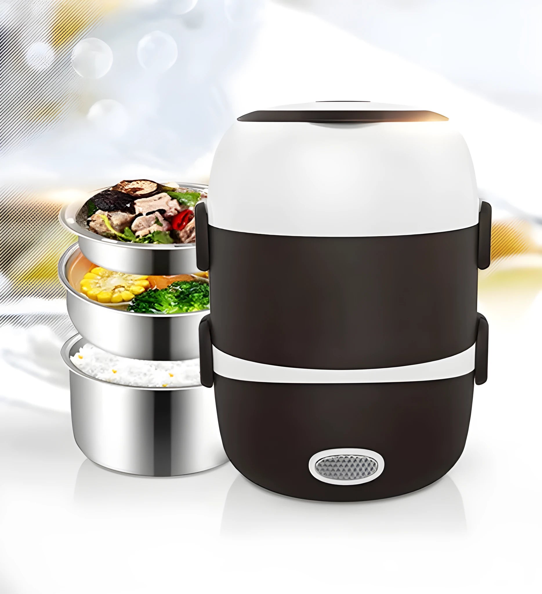 Multi-function USB-powered lunch box with heating element showing two-tier and three-tier capacity options