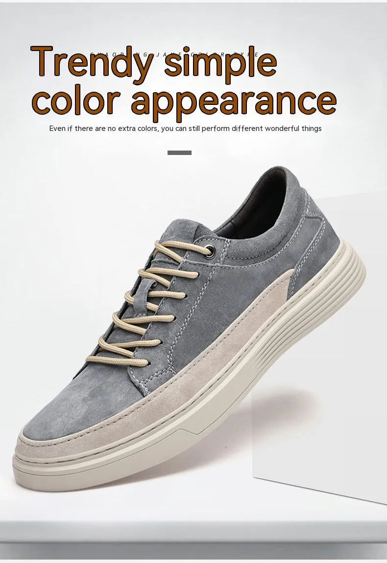 Men's grey casual leather skate shoes with rubber sole and lace-up design
