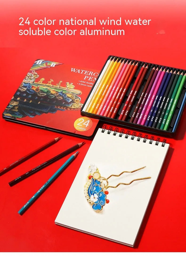 Water-soluble coloured pencils in 24 colours inside a brush iron metal box