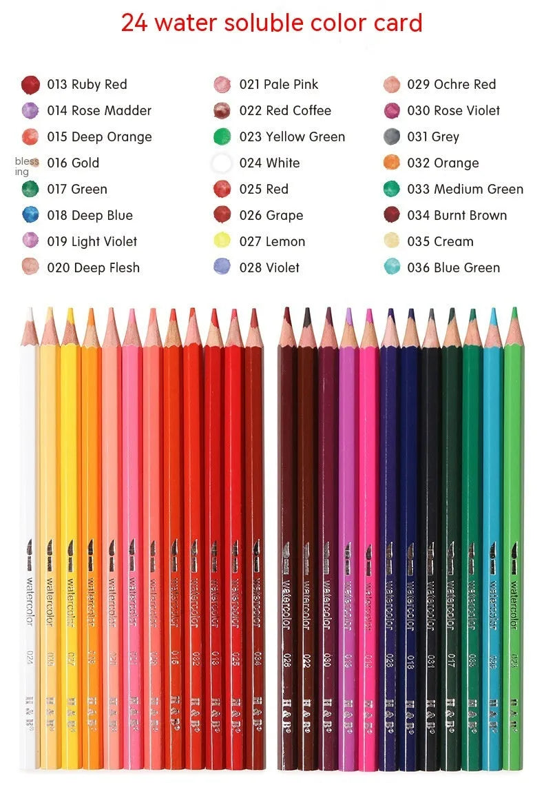 Water-soluble coloured pencils in 24 colours inside a brush iron metal box