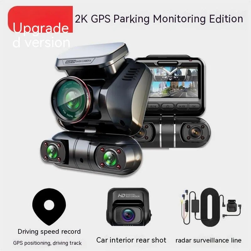 Black panoramic driving recorder dash camera mounted on a car windscreen