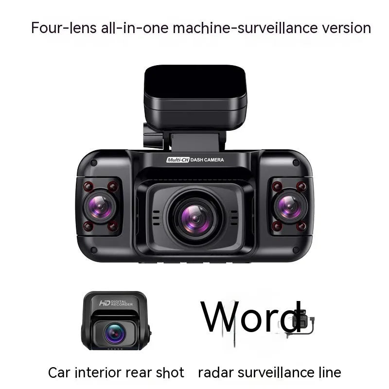 Black panoramic driving recorder dash camera mounted on a car windscreen