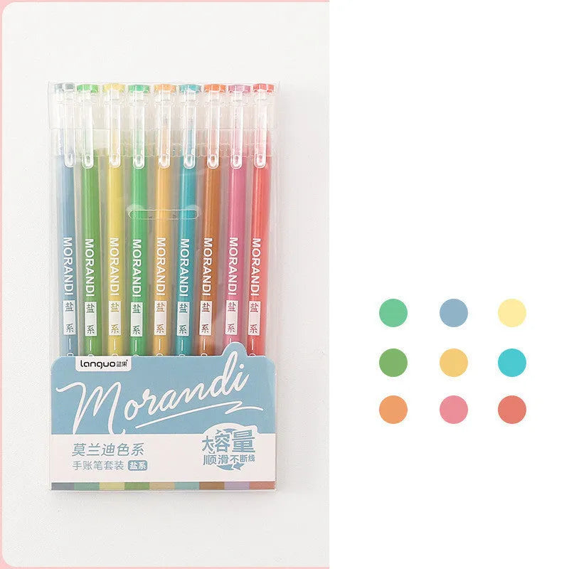Set of nine retro-style gel pens with 0.5mm needle tips in assorted colours for note-taking.