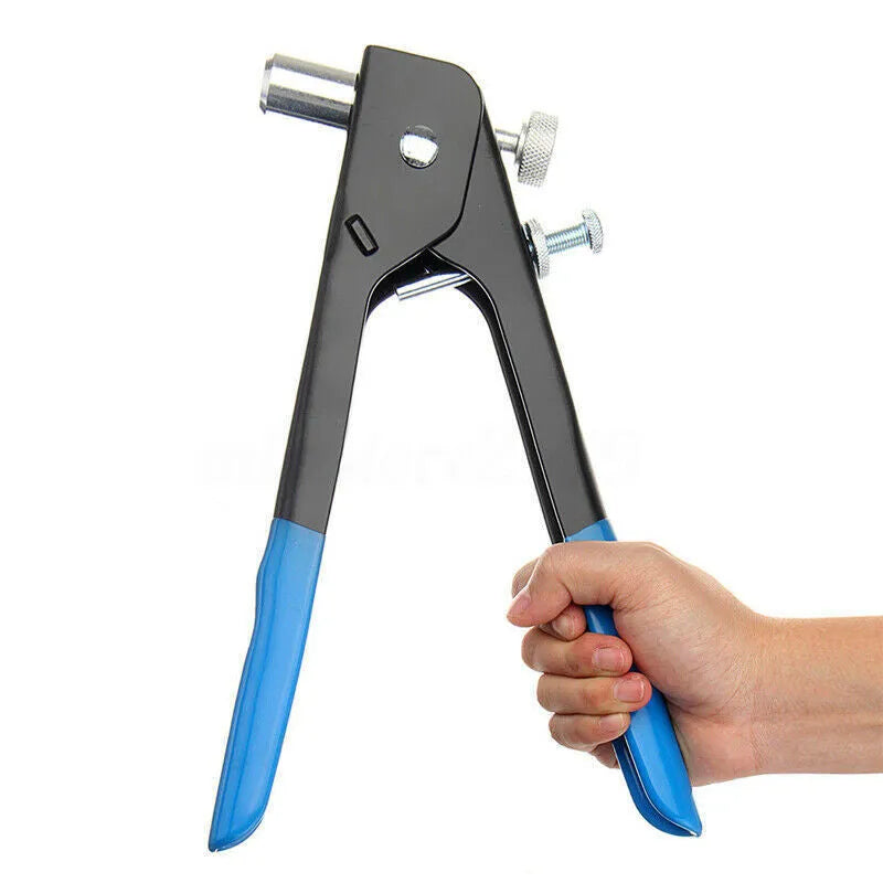 Alloy steel manual riveter nut gun tool with a selection of rivet nuts and mandrels from the set.