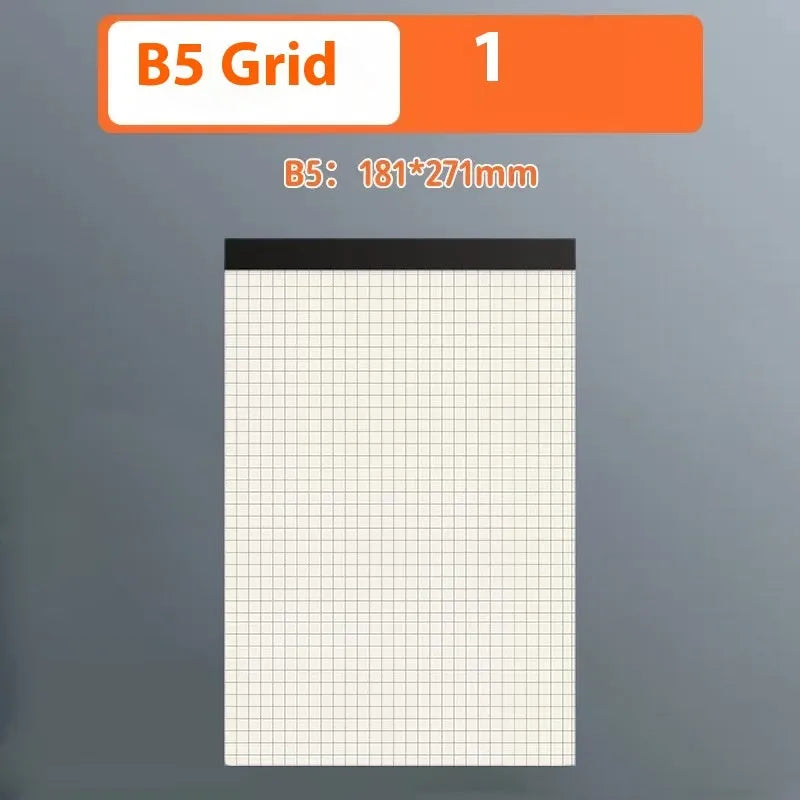 A5 and B5 tearable writing pads showing blank, grid, and horizontal line page styles.