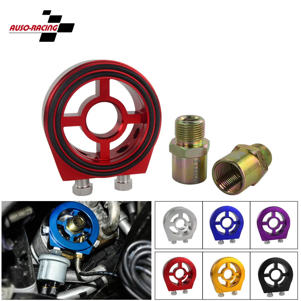 Universal aluminium alloy oil pressure gauge adapter in red, blue, black, gold, and silver colour options.