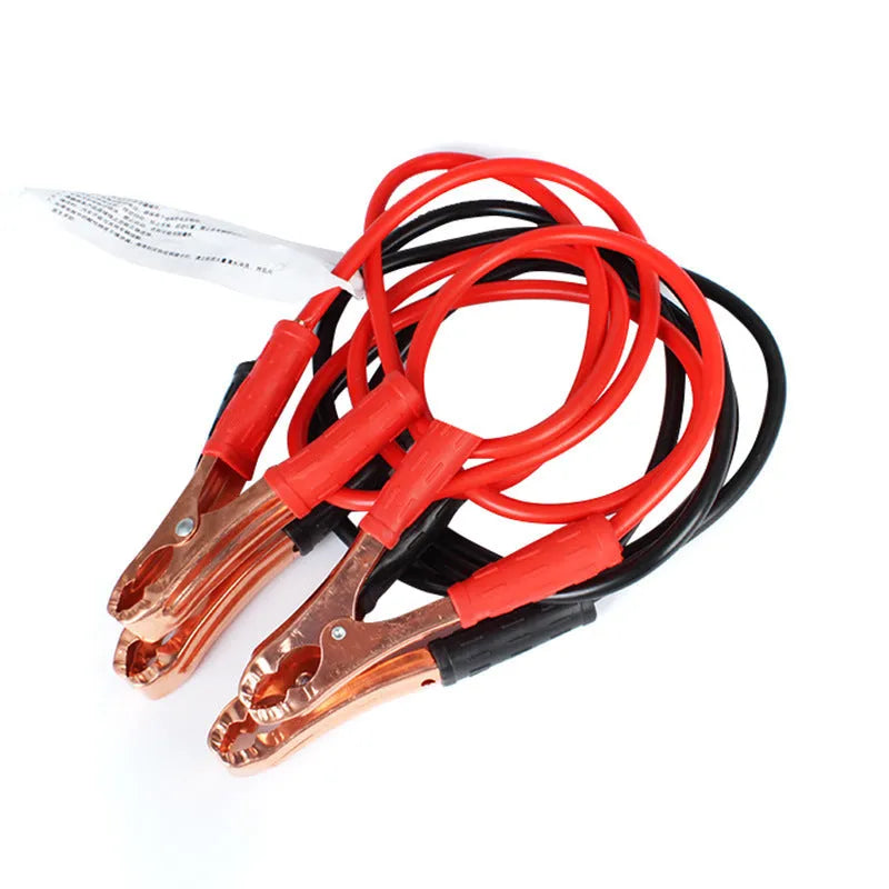 Black and red car battery jump leads with metal clip holders on a 2-metre cable.