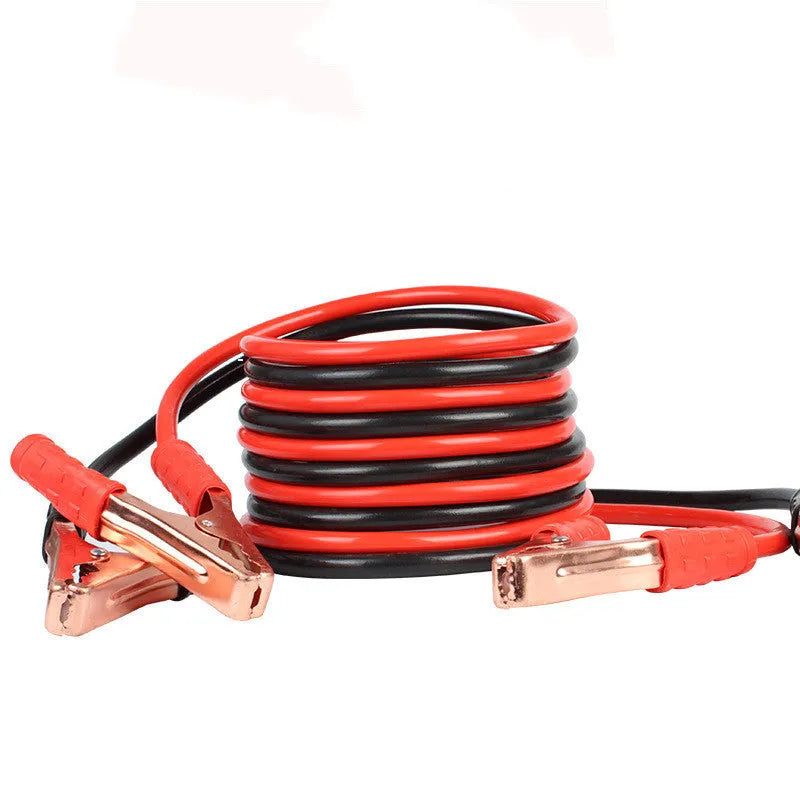Black and red car battery jump leads with metal clip holders on a 2-metre cable.