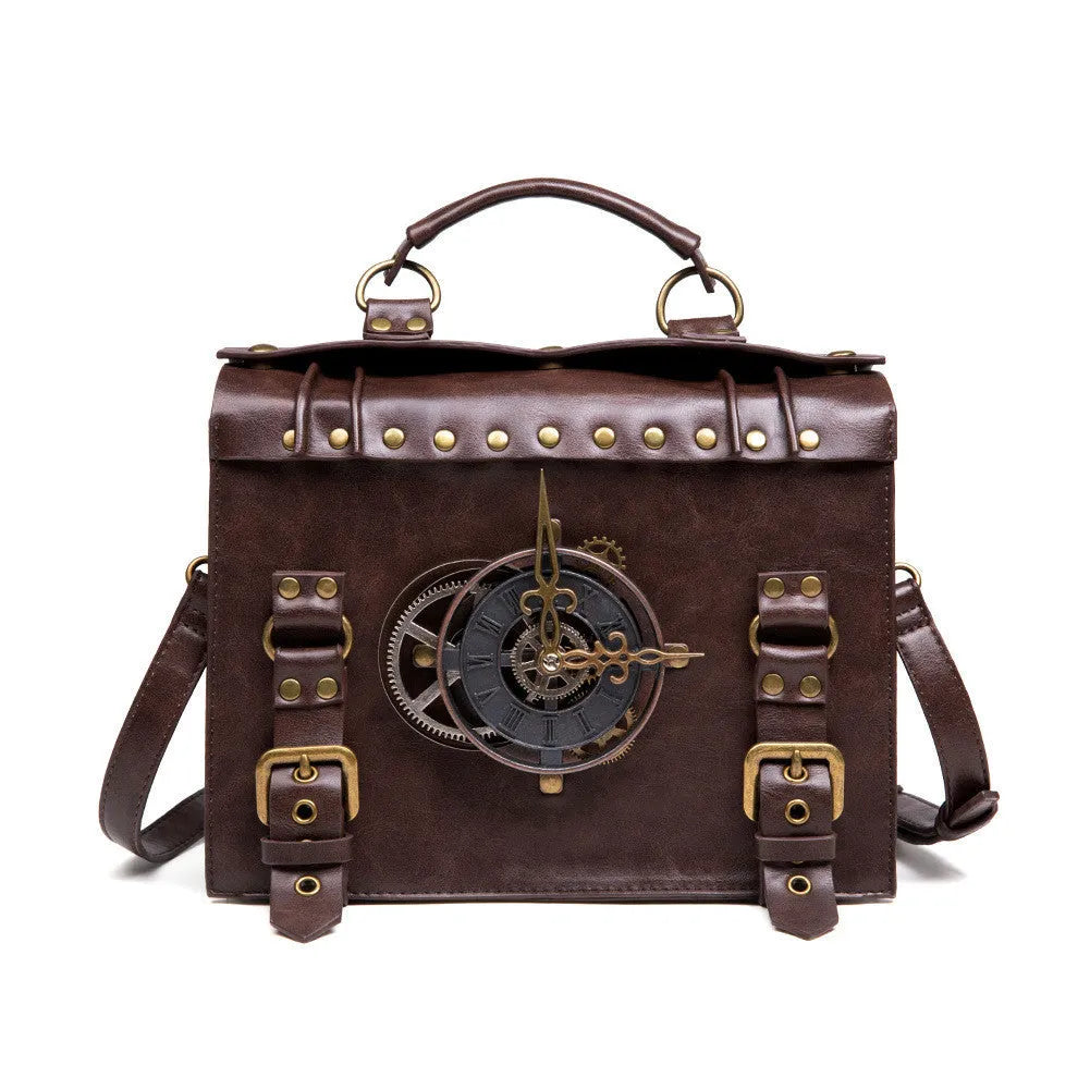 Bronze steampunk industrial retro shoulder bag with metal hardware and square pillow shape