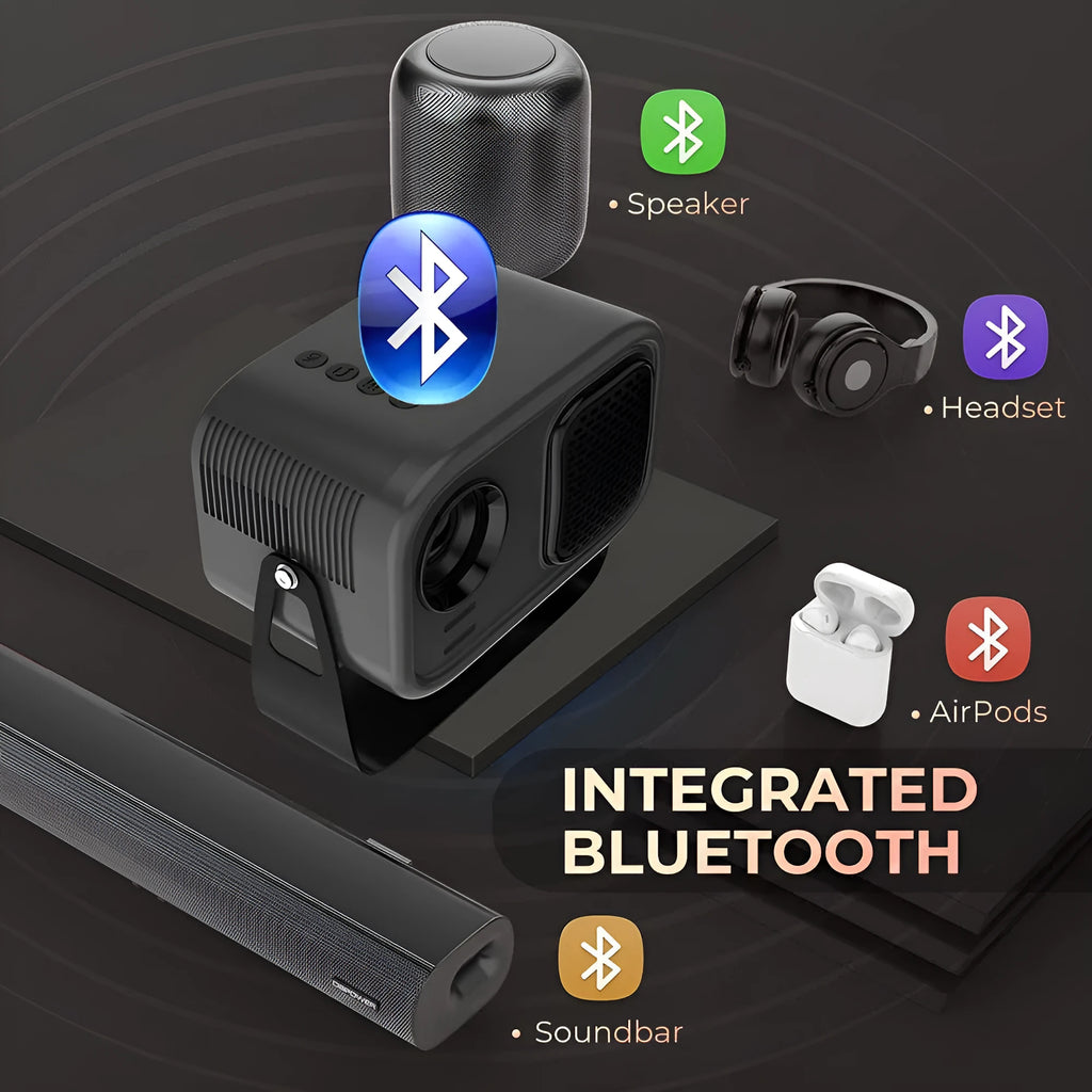 Black HD smart portable projector with remote control on table