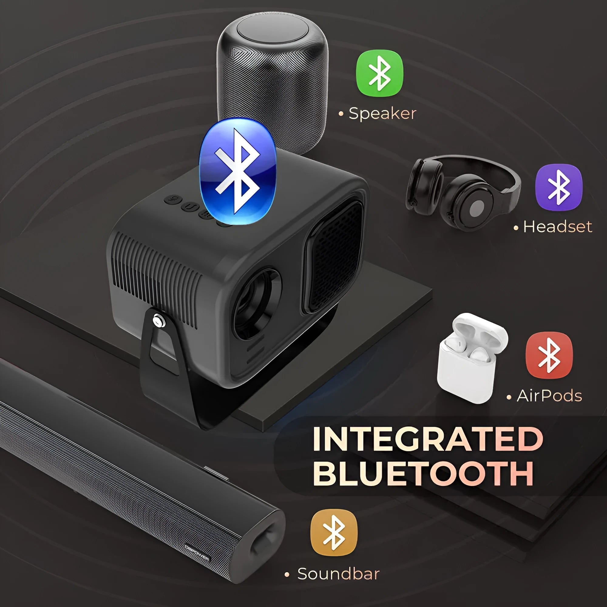Black HD smart portable projector with remote control on table