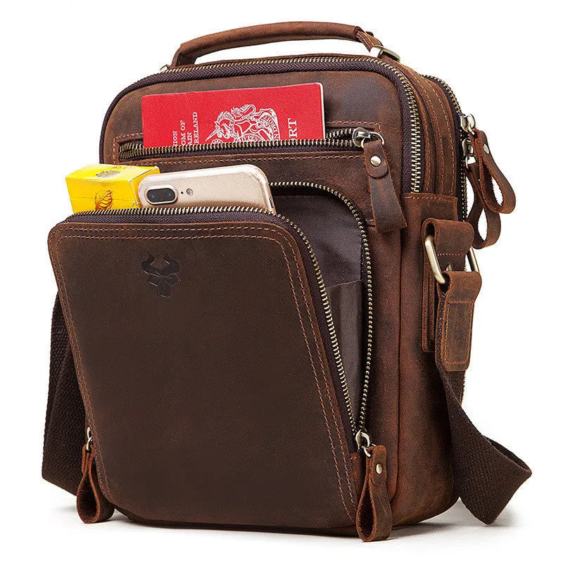 Men's brown leather crossbody bag with single-shoulder design and sewing line detailing