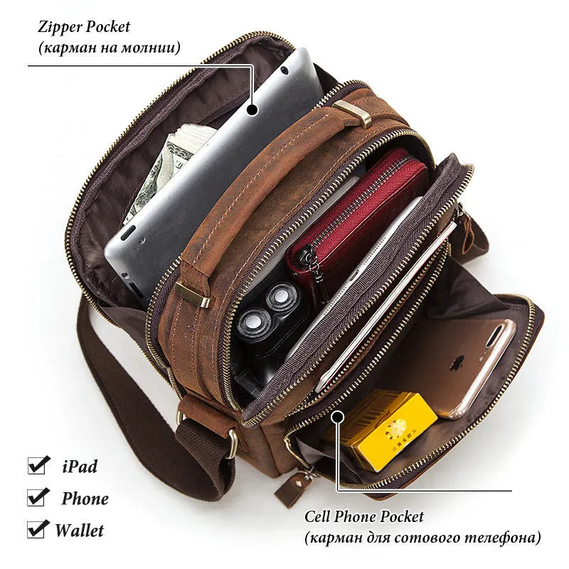 Men's brown leather crossbody bag with single-shoulder design and sewing line detailing