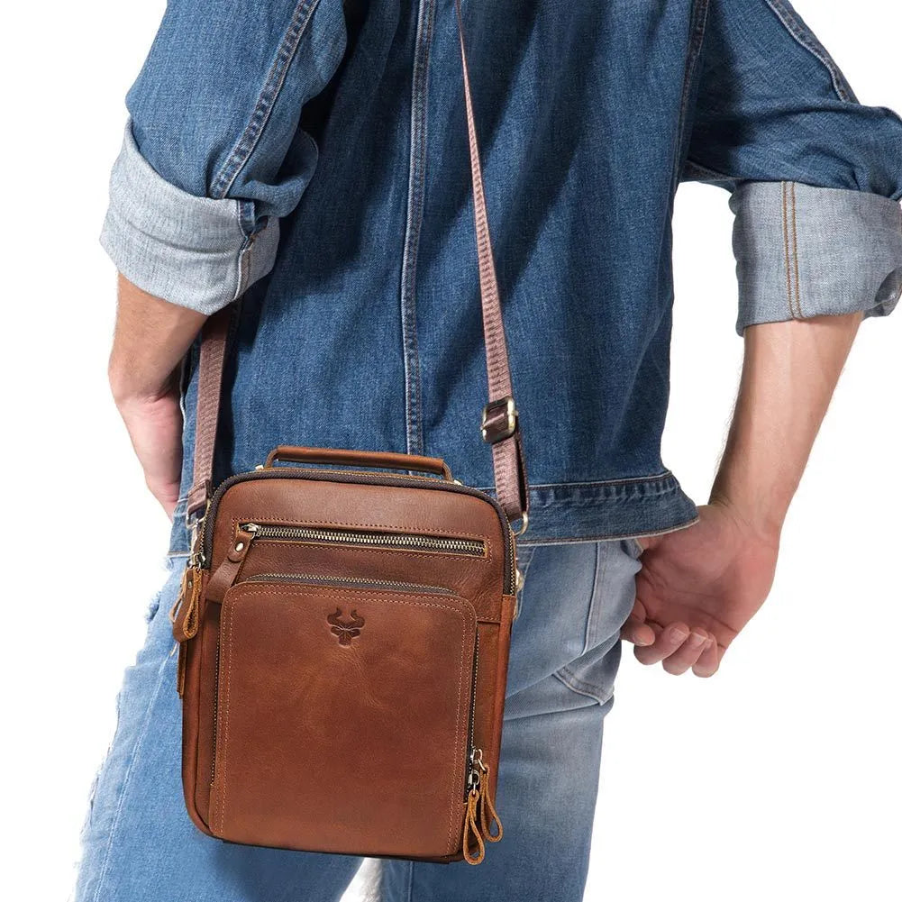 Men's brown leather crossbody bag with single-shoulder design and sewing line detailing