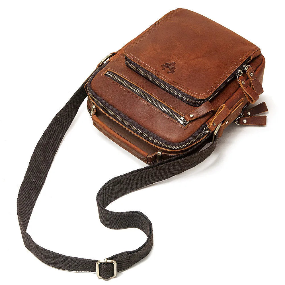 Men's brown leather crossbody bag with single-shoulder design and sewing line detailing