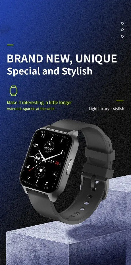 Smart colour screen health detection watch with black mesh strap showing heart rate and blood oxygen data.
