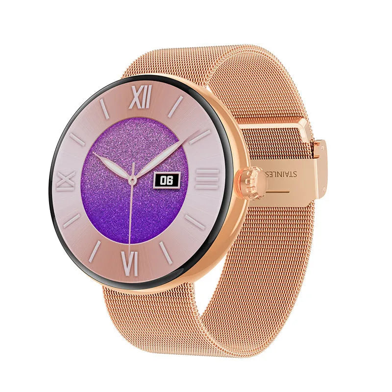 Circular smart watch for women with metal strap, showing colour touch screen display.