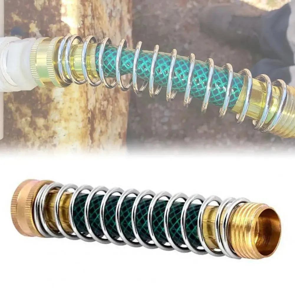 Brass garden hose connector with spiral spring mechanism showing threaded 3/4 inch connections