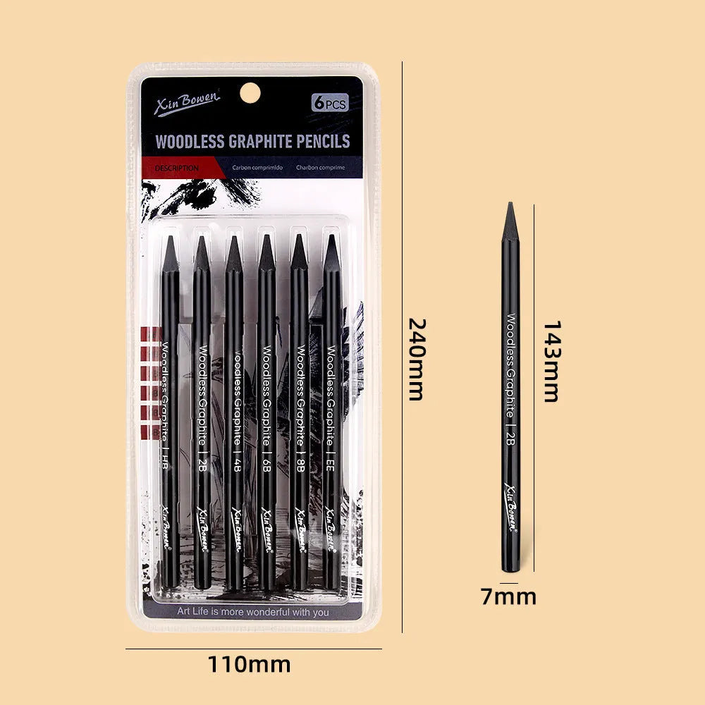 Set of wood-free graphite sketching pencils in six hardness grades for drawing and art