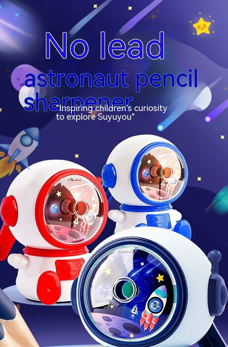 Children's cartoon astronaut manual pencil sharpener in blue or pink with anti-jam mechanism