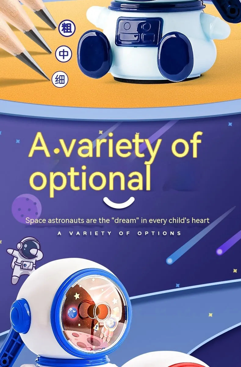 Children's cartoon astronaut manual pencil sharpener in blue or pink with anti-jam mechanism