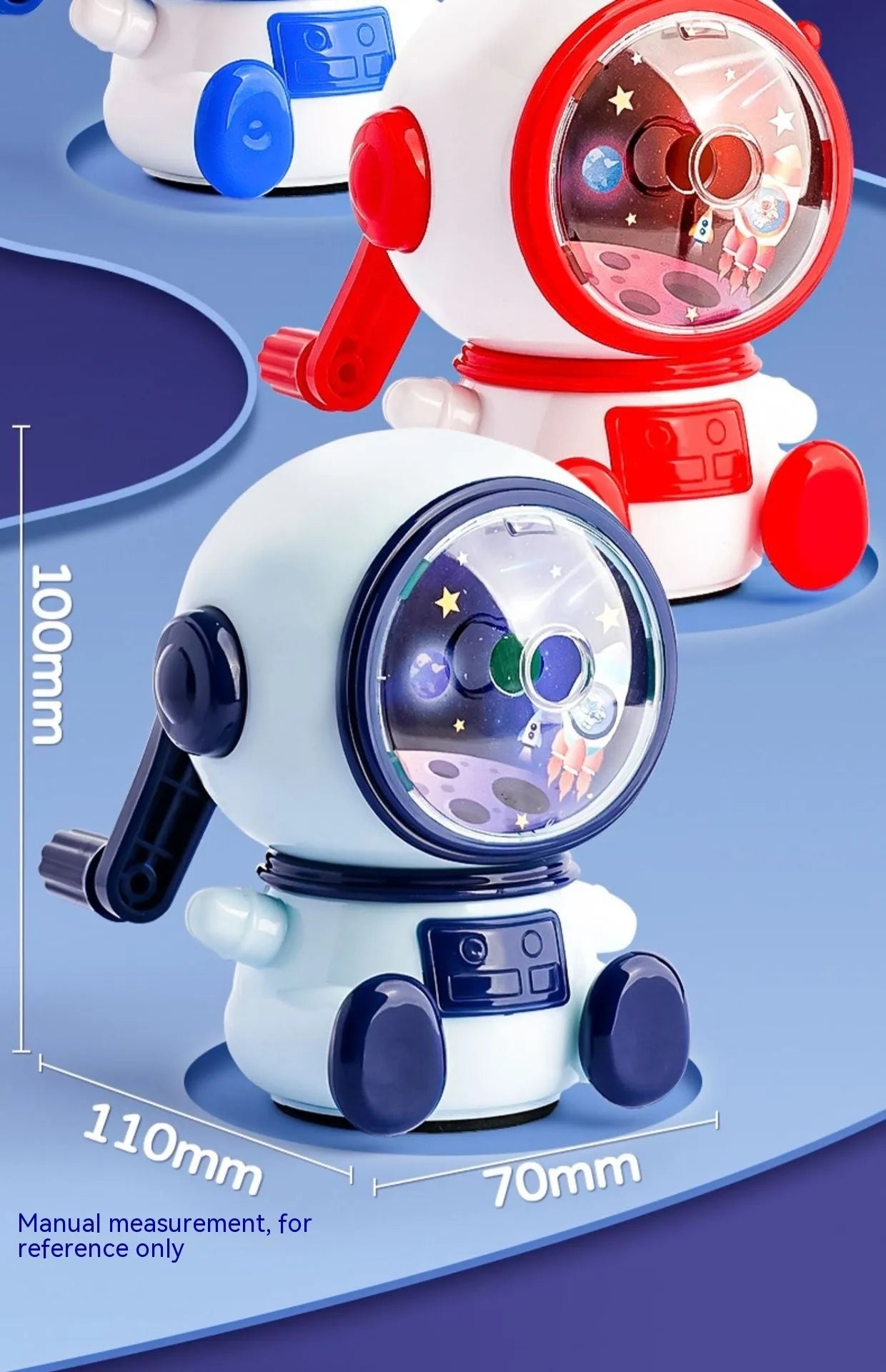 Children's cartoon astronaut manual pencil sharpener in blue or pink with anti-jam mechanism