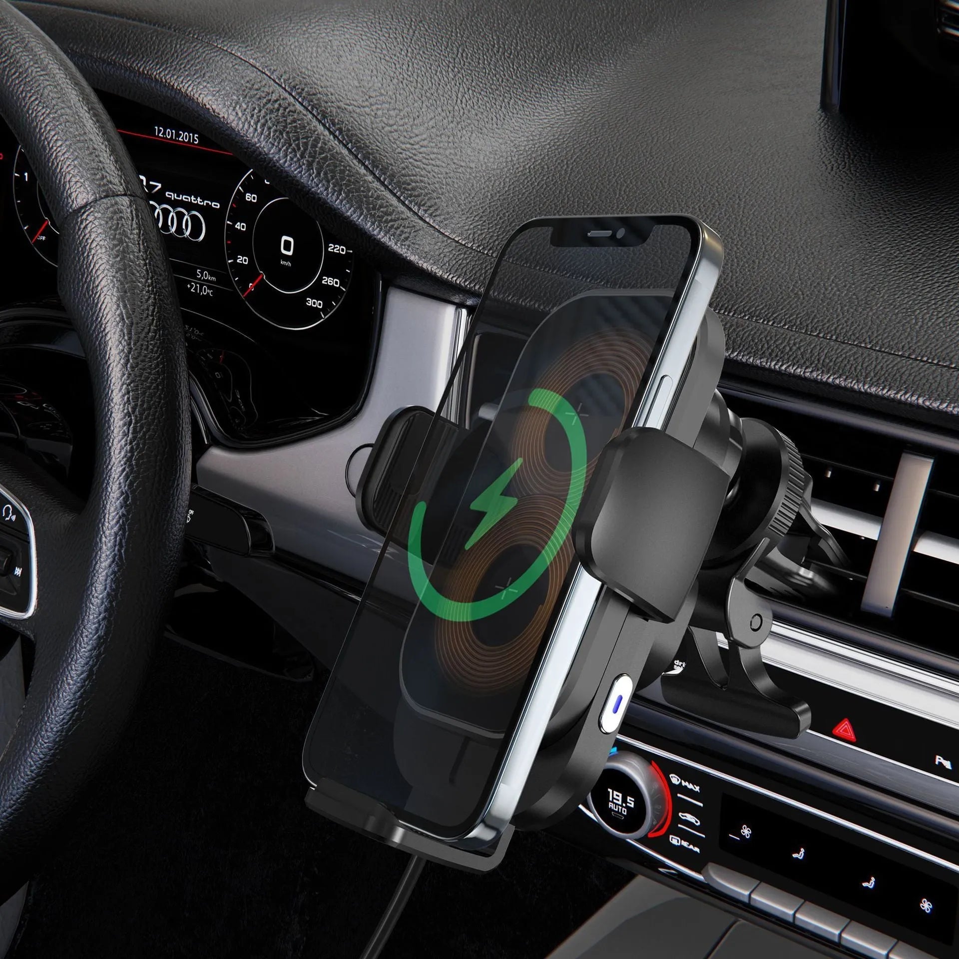 Black folding car wireless charger on dashboard with suction cup bracket