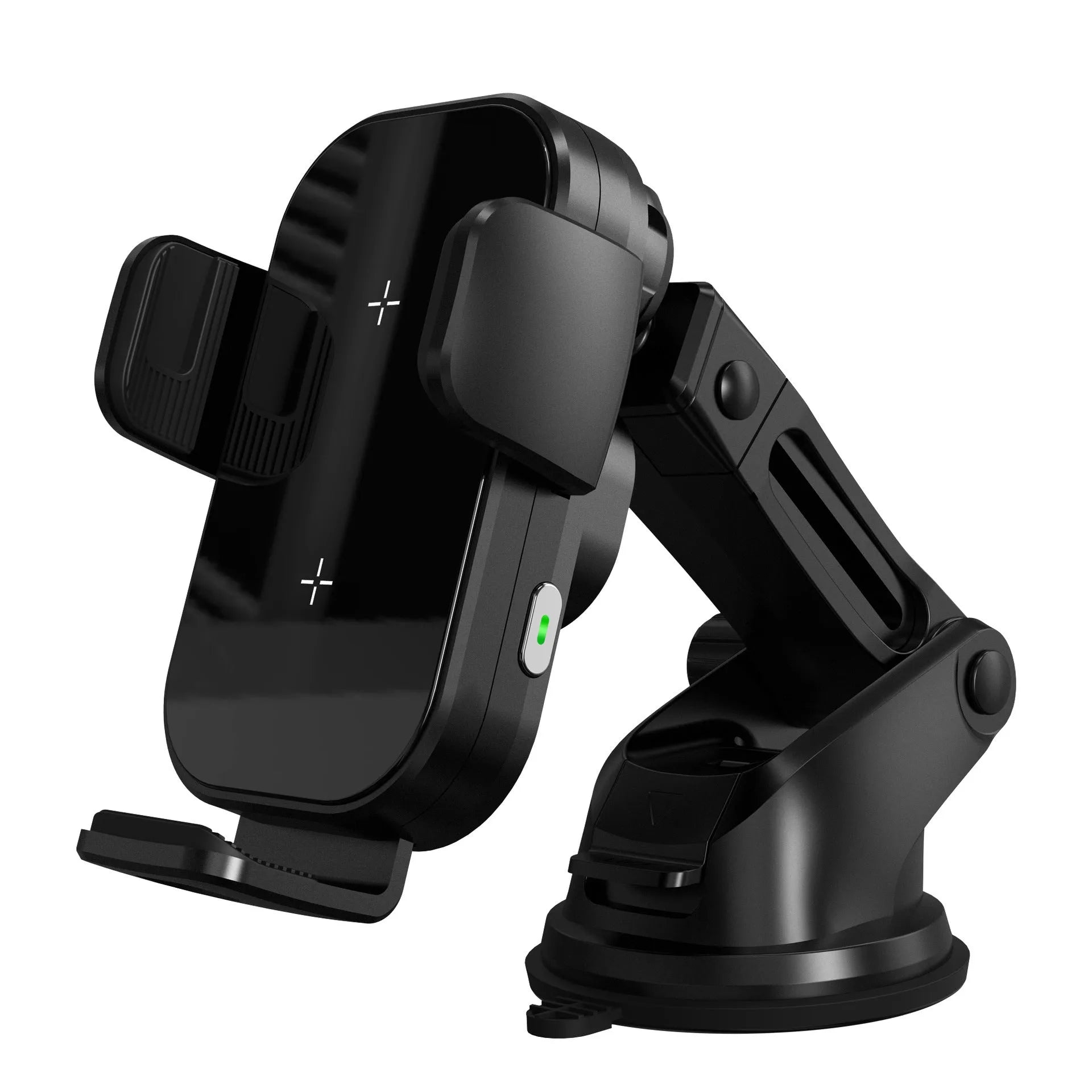 Black folding car wireless charger on dashboard with suction cup bracket
