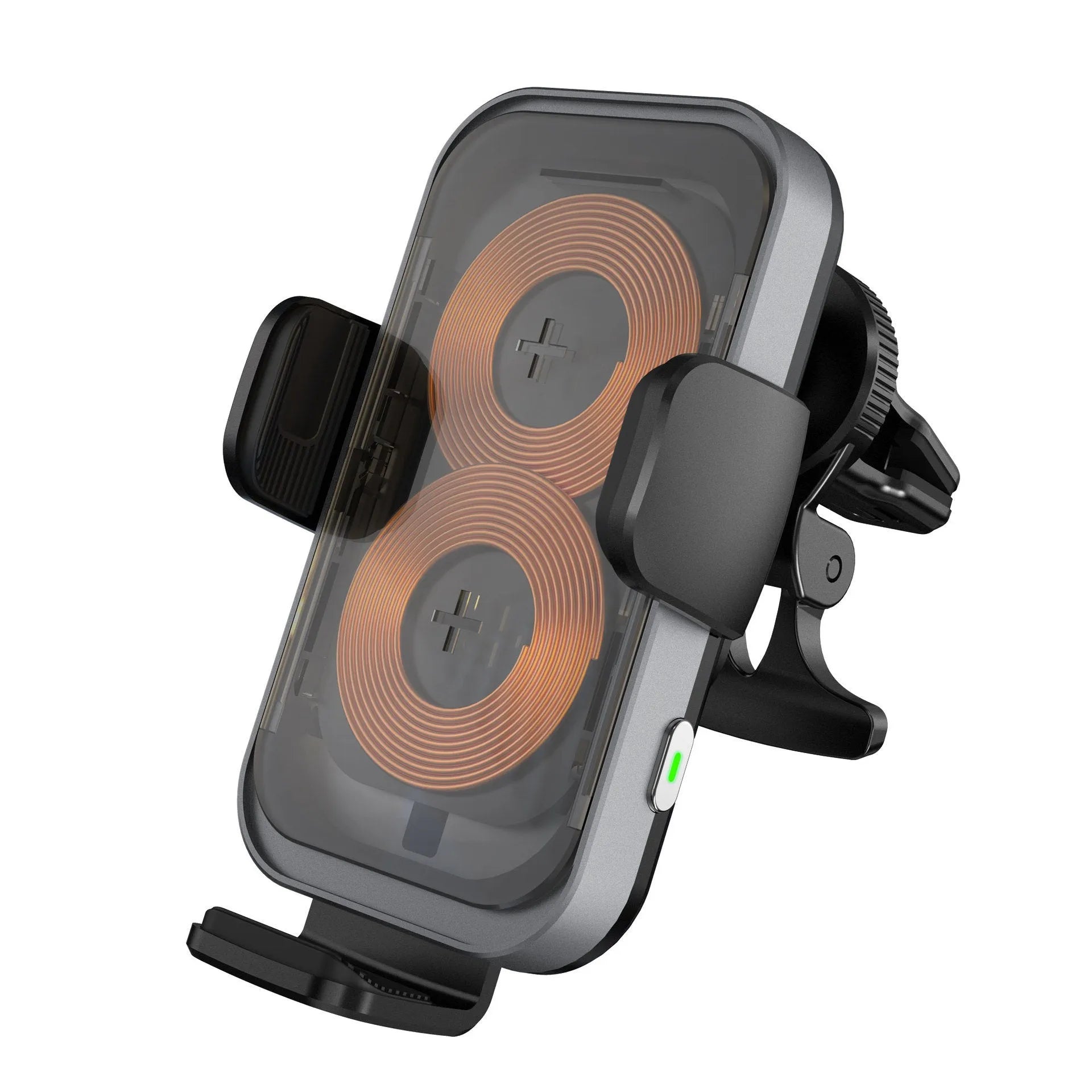 Black folding car wireless charger on dashboard with suction cup bracket