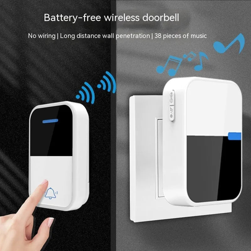 Modern white wireless doorbell with receiver and transmitter units showing long-range 150m coverage