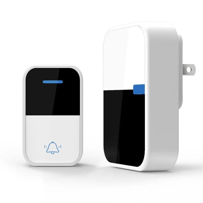 Modern white wireless doorbell with receiver and transmitter units showing long-range 150m coverage