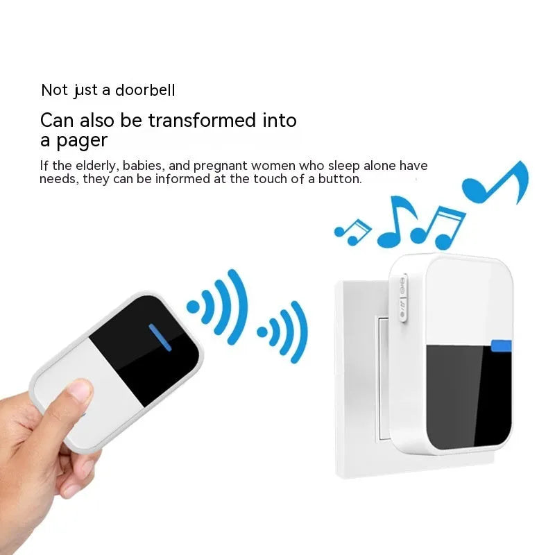 Modern white wireless doorbell with receiver and transmitter units showing long-range 150m coverage