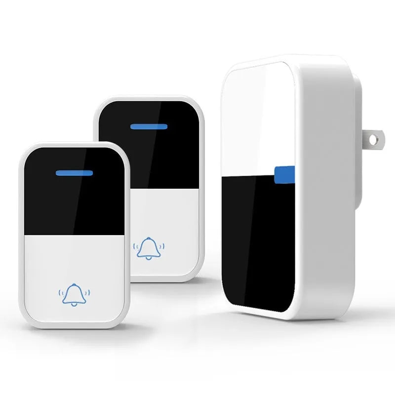Modern white wireless doorbell with receiver and transmitter units showing long-range 150m coverage