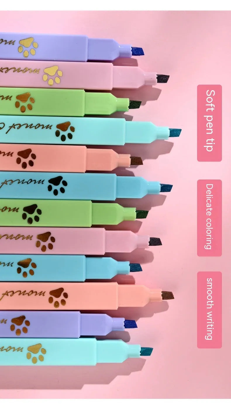 Box of six Cat's Paw fluorescent marking pens with oblique nibs in assorted colours.