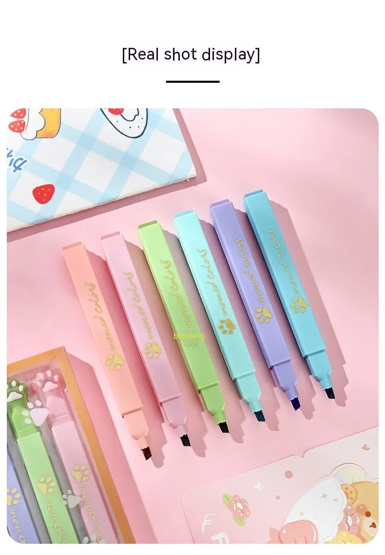 Box of six Cat's Paw fluorescent marking pens with oblique nibs in assorted colours.