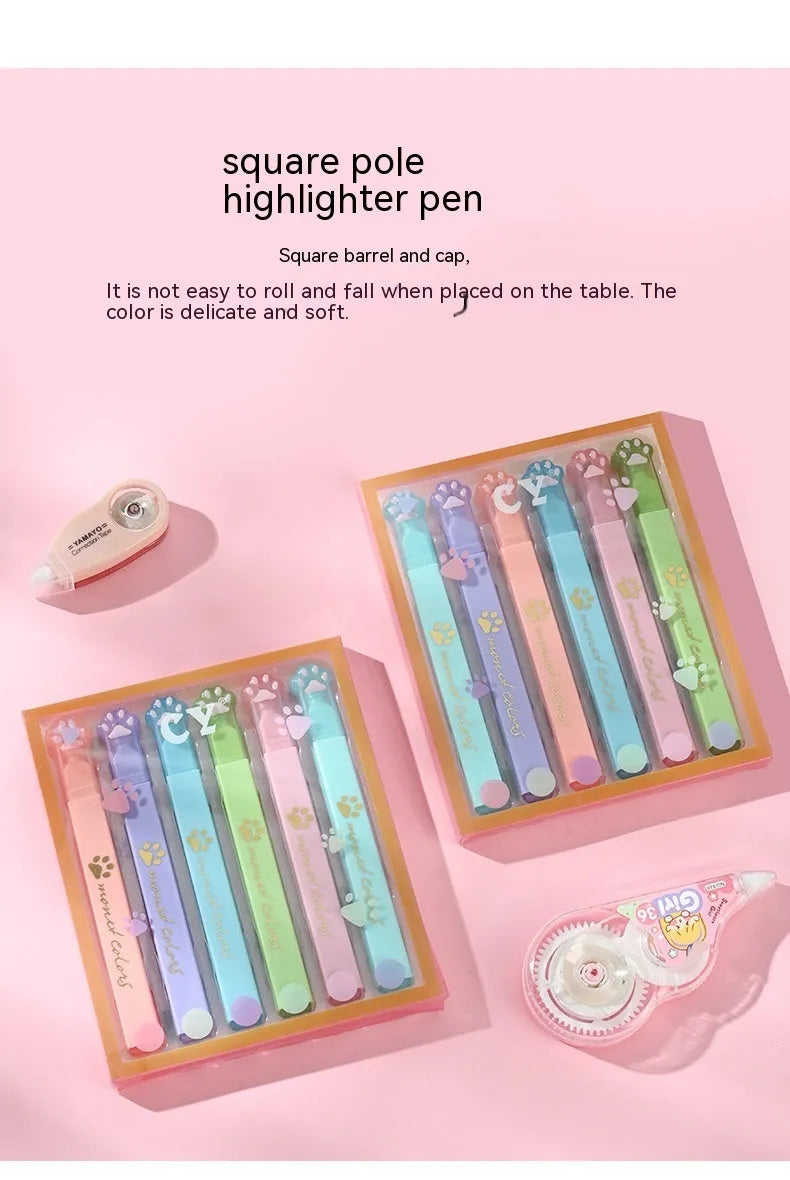 Box of six Cat's Paw fluorescent marking pens with oblique nibs in assorted colours.