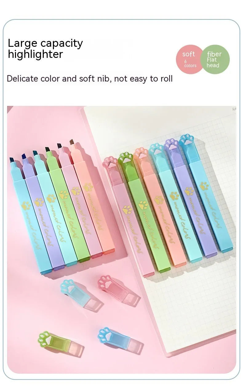 Box of six Cat's Paw fluorescent marking pens with oblique nibs in assorted colours.