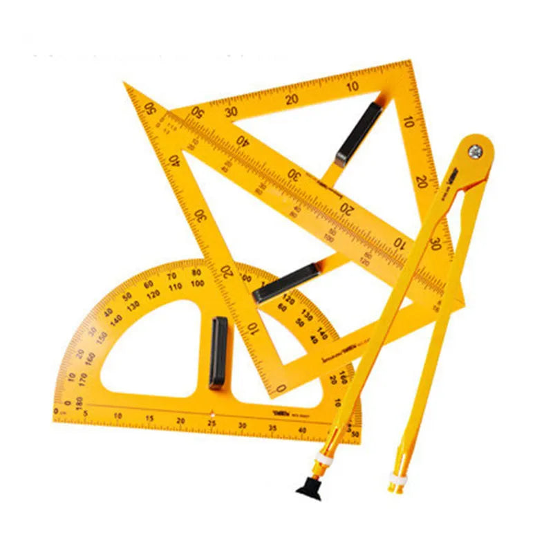 Orange and black mathematics teaching tools set with triangular rulers, protractor, and chalk compass