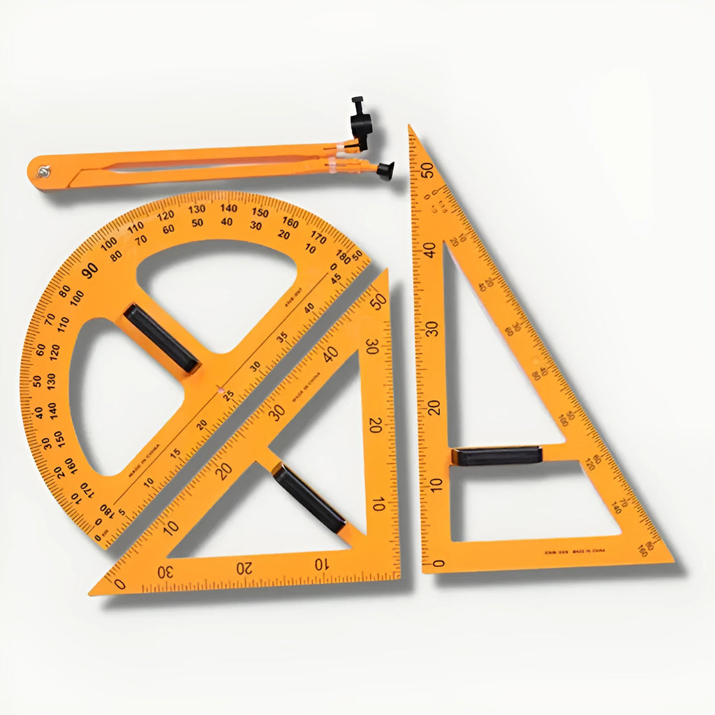 Orange and black mathematics teaching tools set with triangular rulers, protractor, and chalk compass