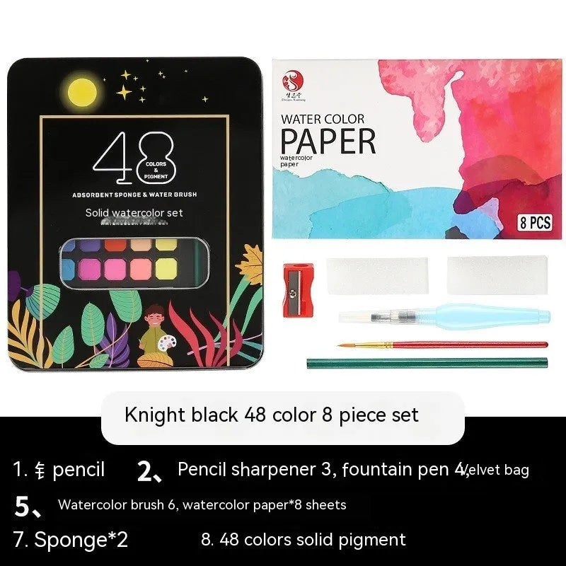 Solid watercolour paint set with 48 colour cakes in a box, including Black Knight, Girl Pink, and Sunshine Blue