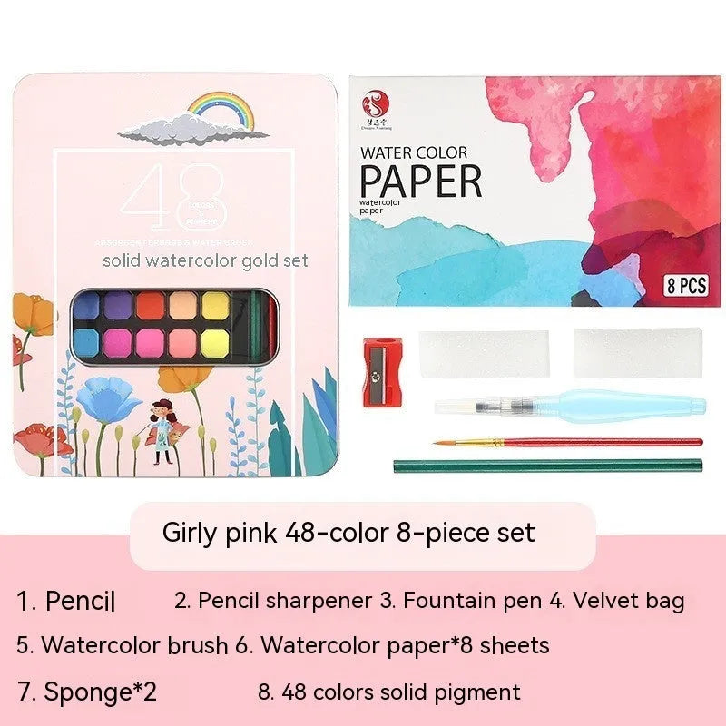 Solid watercolour paint set with 48 colour cakes in a box, including Black Knight, Girl Pink, and Sunshine Blue