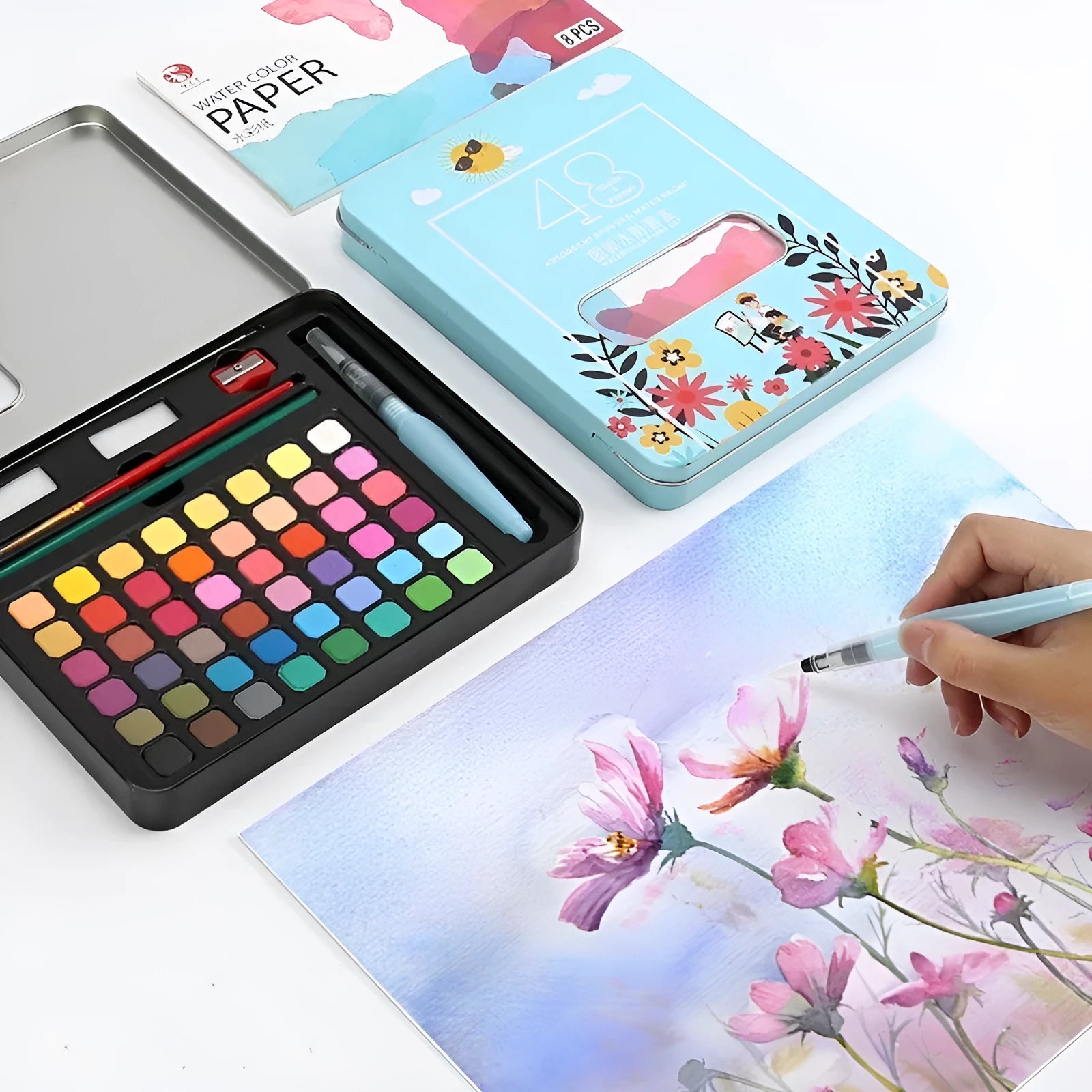 Solid watercolour paint set with 48 colour cakes in a box, including Black Knight, Girl Pink, and Sunshine Blue
