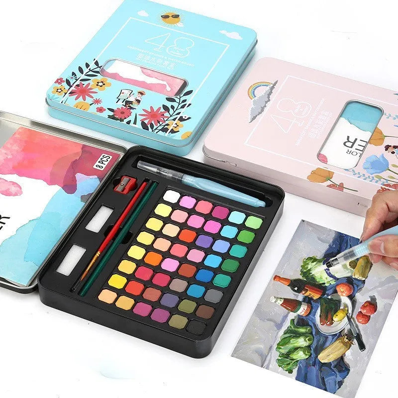 Solid watercolour paint set with 48 colour cakes in a box, including Black Knight, Girl Pink, and Sunshine Blue
