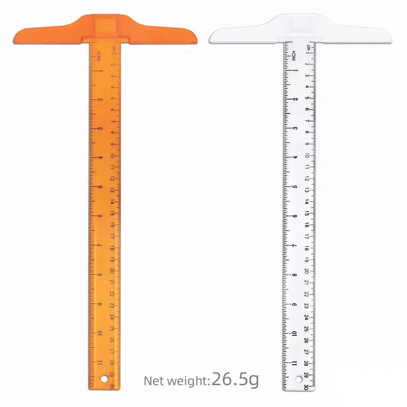 30cm T-shaped plastic ruler in transparent or orange yellow with UK or double centimetre scales