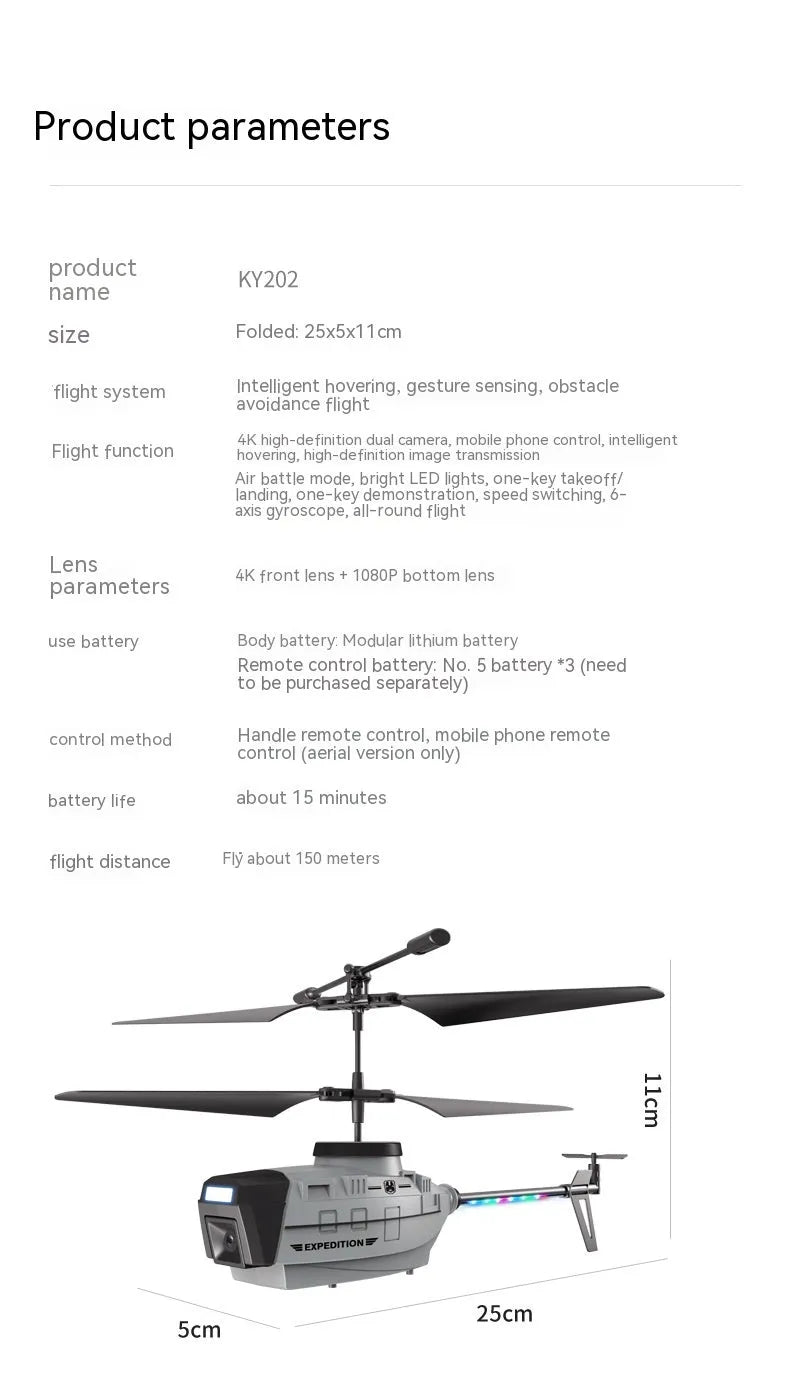 Gray Heifeng obstacle avoidance helicopter drone with coloured lights and landing gear deployed